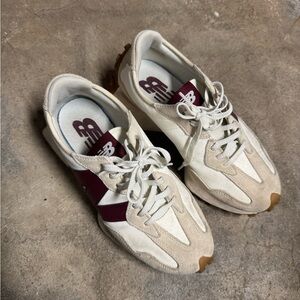 New Balance 327 Cream and Burgundy Sneakers